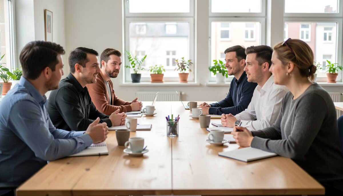 Analysten diskutieren an einem langen Holztisch in einem hellen Berliner Büro