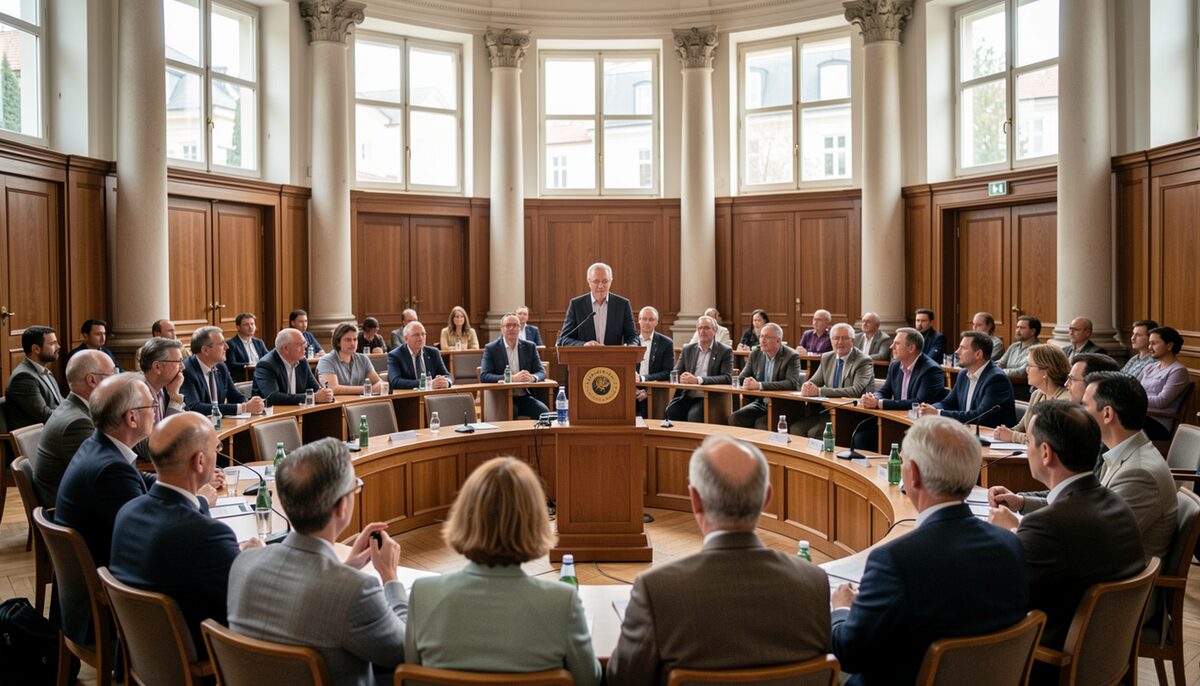 Delegierte sitzen in einem runden Plenarsaal und hören einer Rednerin am Podium zu