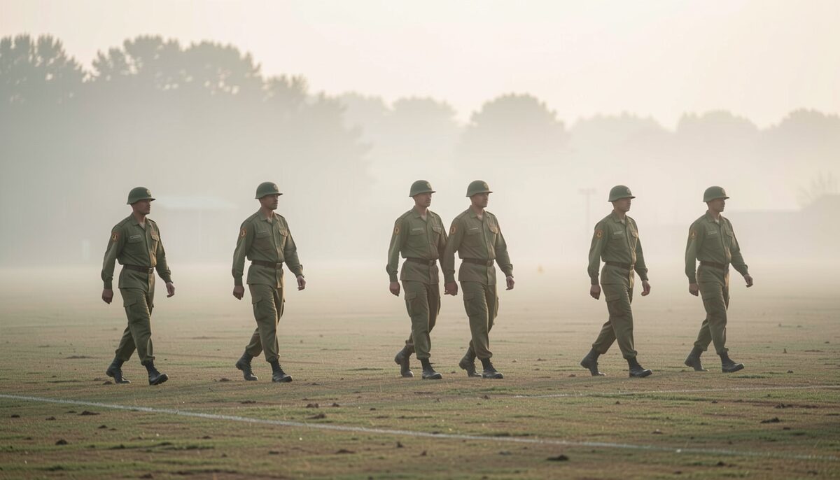 Soldaten in schlichter Uniform überqueren im Morgengrauen ein nebliges Übungsfeld